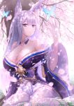  1girl absurdres animal_ear_fluff animal_ears answering azur_lane bare_shoulders blue_butterfly blue_kimono breasts bug butterfly cherry_blossoms cleavage eyebrows_visible_through_hair flower fox_ears highres huge_filesize insect japanese_clothes kimono large_breasts long_hair looking_at_viewer off-shoulder_kimono petals pink_flower purple_eyes shinano_(azur_lane) skirt skirt_under_kimono solo thighhighs tree white_hair white_legwear white_skirt wide_sleeves zettai_ryouiki 