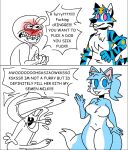  &lt;3 &lt;3_eyes angry anthro blue_body blue_eyes blue_fur blue_hair canid canine canis curvy_figure dialogue digital_media_(artwork) domestic_dog english_text erection female fox fur gesture hair human looking_at_viewer male mammal meme profanity purple_eyes reaction_image speech_bubble text unknown_artist waving 