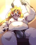  2021 absurd_res anthro blush bulge canid canine canis clothing domestic_dog headphones hi_res hisaki_(live-a-hero) kemono live-a-hero male mammal moobs nikunabe1989 nipples overweight overweight_anthro overweight_male sitting solo underwear video_games 