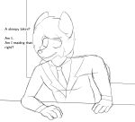  5_fingers absurd_res anthro black_and_white canid canine canis chair clothed clothing donya fingers furniture hair hi_res male mammal monochrome necktie open_mouth shocked shocked_expression sketch solo suit table 