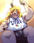  2021 absurd_res anthro blush bulge canid canine canis clothing domestic_dog headphones hi_res hisaki_(live-a-hero) kemono live-a-hero male mammal nikunabe1989 overweight overweight_anthro overweight_male shirt sitting solo topwear underwear video_games 