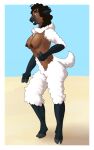  anthro archilycant beach black_hair bovid breasts caprine cloven_hooves dark_body dark_skin female fingers fur hair hi_res hooved_fingers hooves human_to_anthro mammal nipples nude outside seaside sheep solo species_transformation standing transformation white_body white_fur wool_(fur) 