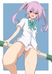  1girl blue_background blush bow bow_panties from_below highres legs long_hair looking_down mosu_(korikan) nana_asta_deviluke no_pants open_mouth panties pink_eyes pink_hair pink_panties school_uniform shirt short_sleeves simple_background solo thighs to_love-ru to_love-ru_darkness twintails underwear white_shirt 
