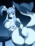  2021 anthro anthrofied anus areola bent_over big_breasts big_butt black_background blue_areola blue_background blue_body blue_eyes blue_nipples blush bodily_fluids breasts butt digital_drawing_(artwork) digital_media_(artwork) eeveelution eyelashes eyeliner female genital_fluids genitals glaceon glistening glistening_body glistening_breasts glistening_butt gradient_background half-closed_eyes hi_res leaning long_ears looking_at_viewer looking_back makeup narrowed_eyes nintendo nipples nude outside pok&eacute;mon pok&eacute;mon_(species) pok&eacute;morph presenting presenting_hindquarters puffy_areola puffy_nipples pukemilked pussy pussy_juice rear_view simple_background sky snout solo spread_pussy spreading star starry_sky thick_thighs video_games white_body wide_hips 