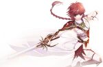  1girl armor braid cape ffffcoffee long_hair magic_knight_rayearth pose red_eyes red_hair shidou_hikaru simple_background single_braid skirt solo standing standing_on_one_leg sword thighhighs weapon white_background 