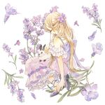  1girl blush bunny closed_eyes dress flower frilled_dress frills highres lavender_(flower) original profile purple_dress purple_flower purple_footwear shoes solo traditional_media watercolor_(medium) white_background yuufuushi 