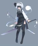  1girl adapted_costume black_hairband black_legwear black_neckwear black_ribbon black_skirt black_vest blindfold commentary cosplay facing_viewer grey_background grey_hair hair_ribbon hairband katana konpaku_youmu konpaku_youmu_(ghost) long_sleeves nier_(series) nier_automata rangycrow ribbon shirt short_hair skirt solo sword tassel thighhighs touhou vest weapon white_shirt yorha_no._2_type_b yorha_no._2_type_b_(cosplay) 