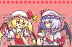  2girls bangs bat_wings blonde_hair blue_hair bow chained_tan cup eyebrows_visible_through_hair fang fang_out flandre_scarlet holding holding_cup multiple_girls open_mouth red_bow red_nails remilia_scarlet short_hair siblings sisters sitting teacup touhou v-shaped_eyebrows vampire white_headwear wings wrist_cuffs 