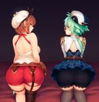  2girls ass atelier_(series) atelier_ryza bare_back bare_shoulders belt belt_pouch beret black_shorts blue_dress breasts brown_eyes brown_hair commentary dress earrings english_commentary feet_out_of_frame from_behind genshin_impact glasses green_hair hat highres jewelry kneeling large_breasts long_hair looking_at_viewer looking_back low_ponytail multiple_girls open_mouth orange_eyes pouch red_shorts reisalin_stout ricegnat short_hair short_shorts shorts shorts_under_dress sideboob single_thighhigh smile sucrose_(genshin_impact) take_your_pick thigh_pouch thighhighs 