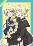  2girls :d arms_around_waist bag black_sailor_collar black_serafuku black_shirt black_skirt blonde_hair blue_border border braid braided_ponytail carol_malus_dienheim closed_eyes collarbone collared_shirt elfnein floating_hair garter_straps hug hug_from_behind long_hair long_sleeves miniskirt miona_yui mole mole_under_eye multiple_girls open_mouth pleated_skirt ponytail sailor_collar sailor_shirt school_bag school_uniform senki_zesshou_symphogear serafuku shiny shiny_hair shirt skirt smile thighhighs v-shaped_eyebrows very_long_hair white_neckwear zettai_ryouiki 