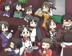  6+girls ? ahoge alternate_costume antenna_hair apron ashigara_(kancolle) bangs bar black_hair brown_eyes card chikuma_(kancolle) closed_eyes cup detached_sleeves door double_bun elbow_gloves food gloves haguro_(kancolle) hair_between_eyes hair_ornament hair_ribbon hairband hairclip hamu_koutarou headband headgear highres holding holding_microphone jacket japanese_clothes jintsuu_(kancolle) kantai_collection long_hair long_sleeves low-tied_long_hair mask microphone multiple_girls myoukou_(kancolle) nachi_(kancolle) naka_(kancolle) nisshin_(kancolle) open_mouth red_jacket red_neckwear remodel_(kantai_collection) ribbon ribbon-trimmed_sleeves ribbon_trim scarf sendai_(kancolle) short_hair shouhou_(kancolle) sidelocks sitting smile stool table tone_(kancolle) track_jacket twintails two_side_up white_gloves wide_sleeves yellow_apron 