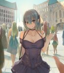  6+boys 6+girls absurdres arm_up barefoot black_choker black_dress blue_eyes blue_hair breasts building choker cleavage closed_mouth collarbone commentary crowd day dress english_commentary highres large_breasts liangzi_tai_hongcha long_hair multiple_boys multiple_girls original outdoors pointy_ears pov smile solo_focus tengwar_text translation_request uterus_print waving 