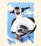  1girl apron black_dress black_hair closed_eyes dress frilled_apron frilled_dress frills glasses green_footwear hat long_sleeves maid maid_apron mob_cap original red_neckwear shoes skateboard skateboarding sneakers solo suzushiro_(suzushiro333) white_apron 