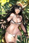  1girl :d animal_ears arknights bikini black_gloves black_hair black_legwear blaze_(arknights) blue_eyes breasts cat_ears cowboy_shot fingerless_gloves gloves hairband highres jewelry jungle large_breasts long_hair looking_at_viewer nature navel necklace open_mouth outstretched_arm plant red_hairband smile solo sweat swimsuit thighhighs thighs torn_clothes very_long_hair white_bikini yavalley 