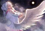  1girl absurdres ahoge arm_rest bangs behind_another beige_jacket blurry braid cloud cowboy_shot depth_of_field dress feathered_wings finger_on_forehead fingernails french_braid from_side gradient_hair grey_wings highres holding_own_arm kishin_sagume long_sleeves looking_at_viewer looking_to_the_side luan_ib moon moonlight multicolored_hair night night_sky pink_eyes ponytail purple_dress reflective_eyes shiny shiny_hair short_hair silver_hair single_wing sky solo star_(sky) starry_sky touhou white_hair white_wings wings 