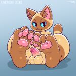  1:1 2020 anthro balls barefoot big_ears big_feet black_eyes blue_background blue_sclera brown_tail capcom claws domestic_cat erection feet felid feline felis felyne foot_focus foreskin frumples genitals half-closed_eyes hi_res humanoid_genitalia humanoid_penis looking_at_viewer lynian male mammal monster_hunter multicolored_tail narrowed_eyes nude on_ground pawpads paws penis pink_nose presenting presenting_balls presenting_penis simple_background sitting smile solo tan_body tan_tail thick_tail thick_thighs toe_claws uncut vein veiny_penis video_games 