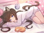  1girl alarm_clock animal animal_ear_fluff animal_ears arm_up bed brown_hair cat cat_ears cat_girl cat_tail clock commentary_request feet_out_of_frame finger_to_mouth frilled_pillow frills hand_up long_hair long_sleeves lying on_bed on_side original pillow rk_(rktorinegi) shirt short_shorts shorts sleeves_past_wrists solo tail twintails very_long_hair white_shirt white_shorts 