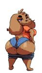  anthro big_breasts big_butt breasts brown_body brown_fur butt canid canine canis clothed clothing digital_media_(artwork) domestic_dog female floppy_ears freckles fur hand_on_hip head_tuft hi_res huge_butt looking_away looking_back mammal orange_clothing orange_topwear pants_down partially_clothed purple_eyes shaded short_sleeves short_stack side_boob solo sprinkles_(thehoneybutter) thehoneybutter tight_underwear topwear tuft underwear upset wardrobe_malfunction 