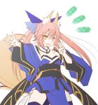  1girl :d animal_ear_fluff animal_ears bare_shoulders blue_kimono blue_legwear blue_ribbon blue_sleeves blush breasts brown_eyes brown_hair cleavage collarbone commentary_request detached_sleeves fang fate/extra fate_(series) fox_ears fox_girl fox_tail hair_ribbon haryuu_(poetto) highres japanese_clothes kimono long_hair long_sleeves looking_at_viewer notice_lines obi open_mouth outstretched_arm polka_dot ribbon sash simple_background small_breasts smile solo strapless tail tamamo_(fate)_(all) tamamo_no_mae_(fate) thighhighs twintails very_long_hair w white_background wide_sleeves 