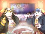  2021 anthro blue_hair canid canine canis clothing domestic_dog duo eating felid food fur hair humanoid_hands kemono male male/male mammal night noichi_53 overweight overweight_male pantherine sitting sweater tiger topwear white_body white_fur yellow_body yellow_fur 
