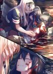  2girls akatsuki_(kancolle) artist_name black_headwear black_legwear black_ribbon black_sailor_collar black_serafuku black_skirt blonde_hair blood blood_on_face bloody_clothes closed_eyes crying eyebrows_visible_through_hair flat_cap hair_between_eyes hair_ribbon hat highres kantai_collection long_hair machinery multiple_girls neckerchief pantyhose pin.s pleated_skirt purple_hair red_neckwear ribbon rigging sailor_collar school_uniform serafuku short_sleeves signature skirt smokestack torn_clothes torn_legwear yuudachi_(kancolle) 