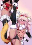  1girl ass black_legwear breasts chloe_von_einzbern cosplay dangerous_beast dark_skin dark_skinned_female fang fate/grand_order fate/kaleid_liner_prisma_illya fate_(series) flexible fur-trimmed_gloves fur-trimmed_legwear fur_trim gloves halloween_costume highres leg_lift leg_up long_hair looking_at_viewer mash_kyrielight mash_kyrielight_(cosplay) multiple_views navel orange_eyes pink_hair shiny shiny_hair shiny_skin small_breasts split standing standing_on_one_leg standing_split stomach_tattoo tail tattoo tsurugi_ai_(seikan_hitchhiker) wolf_tail 