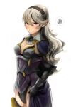  1girl armored_leotard bangs black_hairband black_leotard blue_cape boots breasts bynomeans cape cleavage closed_mouth corrin_(fire_emblem) corrin_(fire_emblem)_(female) cowboy_shot embarrassed fire_emblem fire_emblem_fates floating_hair gauntlets hair_between_eyes hairband highleg highleg_leotard highres leotard long_hair looking_at_viewer medium_breasts pointy_ears red_eyes shiny shiny_hair silver_hair simple_background solo standing thigh_boots thighhighs white_background 