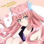  1girl 2020 bangs blue_eyes breasts cleavage closed_mouth collarbone dated eyebrows_visible_through_hair floating_hair hair_between_eyes hair_ornament happy_birthday heart highres leg_hug long_hair looking_at_viewer maria_cadenzavna_eve medium_breasts miona_yui pink_hair senki_zesshou_symphogear shiny shiny_hair sitting sleeveless smile solo very_long_hair 