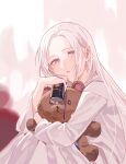  1girl can dress edelgard_von_hresvelg fire_emblem fire_emblem:_three_houses hair_intakes half-closed_eyes highres holding holding_can holding_stuffed_toy long_hair long_sleeves looking_at_viewer mo_(ine_mao) open_mouth purple_eyes purple_ribbon ribbon silver_hair sitting solo stuffed_animal stuffed_toy teddy_bear very_long_hair white_dress 