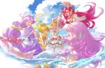  5girls :d ;) arm_up beret blonde_hair blue_eyes blue_sky cloud commentary_request cure_coral cure_flamingo cure_papaya cure_summer day hat hoshi_(xingspresent) ichinose_minori laura_(precure) long_hair looking_at_viewer magical_girl mermaid midriff monster_girl multicolored_hair multiple_girls natsumi_manatsu one_eye_closed open_mouth partially_submerged pink_hair precure purple_hair red_eyes red_hair skirt sky smile suzumura_sango takizawa_asuka tropical-rouge!_precure water white_headwear white_skirt yellow_eyes 