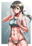  1girl abs bangs breasts brown_hair collarbone gertrud_barkhorn green_eyes low_twintails midriff navel panties red_liquid_(artist) ribbon shiny shiny_hair solo strike_witches towel towel_around_neck twintails underwear world_witches_series 