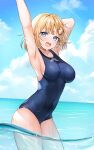  1girl :d arm_behind_head arm_up armpits ayamy bangs blonde_hair blue_eyes blue_sky breasts cloud collarbone day eyebrows_visible_through_hair hair_ornament highres hololive hololive_english looking_at_viewer medium_breasts monocle_hair_ornament ocean one-piece_swimsuit open_mouth partially_submerged short_hair sky smile solo swimsuit teeth thighs upper_teeth virtual_youtuber water watson_amelia 