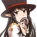  1girl arch_bishop_(ragnarok_online) bangs black_headwear chocolate_doughnut cleavage_cutout clothing_cutout commentary_request cross doughnut dress eyebrows_visible_through_hair food food_in_mouth hat holding holding_food juliet_sleeves long_hair long_sleeves looking_at_viewer natsuya_(kuttuki) pointy_ears puffy_sleeves ragnarok_online simple_background solo top_hat two-tone_dress upper_body white_background white_dress 