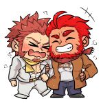  &gt;_&lt; 2boys ^_^ alternate_costume atiskw bara beard belt blue_eyes blush brown_belt brown_coat brown_hair chibi closed_eyes coat commission couple denim facial_hair fate/grand_order fate_(series) formal full_body goatee head_to_head iskandar_(fate) jacket jeans ladies_&amp;_gentlemen_(fate/grand_order) locked_arms long_sideburns male_cleavage male_focus mature_male multiple_boys muscular muscular_male napoleon_bonaparte_(fate) pants pectorals red_eyes red_hair red_scarf scar scar_on_chest scarf second-party_source shirt short_hair smile suit t-shirt white_background white_jacket white_shirt yaoi yellow_scarf 