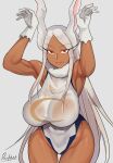  absurd_res animal_humanoid big_breasts breasts clothed clothing dark_body dark_skin devilukez female hair hi_res humanoid lagomorph lagomorph_humanoid leporid_humanoid mammal mammal_humanoid miruko my_hero_academia rabbit_humanoid red_eyes simple_background solo white_hair 