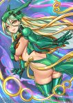  1girl armor ass blonde_hair breasts butt_crack gen_3_pokemon green_hair hair_between_eyes large_breasts legendary_pokemon long_hair mecha_musume multicolored_hair open_mouth personification pokemon rayquaza redjet sky slit_pupils smile solo thighhighs two-tone_hair underboob yellow_eyes 