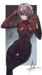  1girl ayanami_rei black_bodysuit blue_hair bodysuit evangelion:_3.0_you_can_(not)_redo expressionless framed highres interface_headset looking_at_viewer neon_genesis_evangelion nsoll pilot_suit plugsuit rebuild_of_evangelion red_eyes short_hair sign solo 