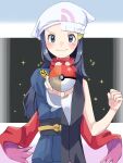  2girls beanie black_hair blush bracelet clenched_hand closed_mouth commentary dawn_(pokemon) female_protagonist_(pokemon_legends:_arceus) floating_scarf grey_eyes hair_ornament hairclip hat highres holding holding_poke_ball jewelry long_hair long_sleeves looking_at_viewer mitama_pk1027 multiple_girls poke_ball poke_ball_(basic) poke_ball_(legends) pokemon pokemon_(game) pokemon_dppt pokemon_legends:_arceus red_scarf scarf shiny shiny_hair sleeveless smile sparkle white_headwear 