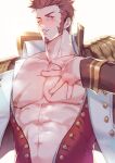  1boy abs bara bare_pecs blue_eyes blush brown_hair buttons epaulettes facial_hair fate/grand_order fate_(series) fringe_trim goatee highres jacket large_pectorals long_sideburns male_focus mature_male muscular muscular_male napoleon_bonaparte_(fate) navel nipple_slip nipples one_eye_closed open_clothes open_jacket open_shirt pectoral_press pointing pointing_at_self scar scar_on_chest short_hair solo stomach sweatdrop upper_body waku_(ayamix) 