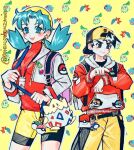  1boy 1girl :d backwards_hat baseball_cap blue_eyes blue_hair breasts chikorita closed_mouth cowboy_shot cropped_jacket cyndaquil earrings ethan_(pokemon) friend_ball gen_1_pokemon gen_2_pokemon great_ball hair_intakes hat highres jacket jewelry kris_(pokemon) legs_apart level_ball long_hair long_sleeves looking_at_viewer love_ball marill open_clothes open_jacket open_mouth outline poke_ball pokegear pokemon pokemon_(game) pokemon_gsc poririna porygon short_hair shorts small_breasts smile star_(symbol) star_earrings starter_pokemon starter_pokemon_trio togepi turtleneck twintails twitter_username unzipped white_jacket yellow_background yellow_headwear zipper zipper_pull_tab 