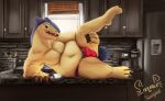  2021 anthro anthrofied bacon belly bulge clothing erection food hi_res kitchen likeablemouse male meat musclegut nintendo overweight overweight_anthro overweight_male pok&eacute;mon pok&eacute;mon_(species) solo typhlosion underwear video_games 