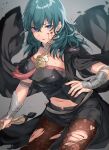  1girl armor bangs black_armor black_cape black_shirt black_shorts blood blood_on_face blood_on_leg blue_eyes blue_hair breasts brown_legwear byleth_(fire_emblem) byleth_(fire_emblem)_(female) cape clothing_cutout commentary cowboy_shot crop_top crossed_bangs emblem eyebrows_visible_through_hair fire_emblem fire_emblem:_three_houses grey_background groin hair_between_eyes haru_(nakajou-28) highres holding holding_sword holding_weapon injury large_breasts long_hair looking_at_viewer lower_teeth navel navel_cutout pantyhose parted_lips patterned_clothing sheath shirt short_shorts short_sleeves shorts shoulder_armor sidelocks simple_background solo standing sword sword_of_the_creator torn_cape torn_clothes torn_legwear vambraces weapon 