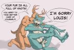  2021 absurd_res anthro antlers balls beastars brush brushing brushing_fur canid canine canis cervid dialogue diphallism duo english_text ffog flaccid foreskin fur genitals hi_res horn humanoid_genitalia humanoid_penis kneeling legoshi_(beastars) louis_(beastars) male mammal motion_lines multi_genitalia multi_penis navel nude onomatopoeia open_mouth penis personal_grooming scar simple_background sitting social_grooming sound_effects text uncut white_background wolf 