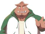  2021 4:3 anthro brown_body brown_fur clothing fur hachirouta hi_res hoodie humanoid_hands kemono male mammal overweight overweight_anthro overweight_male shirt simple_background solo suid suina sus_(pig) topwear white_background wild_boar 