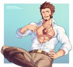  1boy abs bara bare_pecs beige_pants blue_eyes boots brown_hair bulge collarbone facial_hair fate/grand_order fate_(series) feet_out_of_frame goatee highres jewelry knee_boots large_pectorals leather leather_belt leather_boots long_sideburns male_focus mature_male muscular muscular_male napoleon_bonaparte_(fate) necklace open_clothes open_shirt repost_notice scar scar_on_chest shirt_pull short_hair smile solo stomach yaosan233 