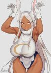  absurd_res animal_humanoid big_breasts breasts clothed clothing dark_body dark_skin devilukez female hair hi_res humanoid lagomorph lagomorph_humanoid leporid_humanoid mammal mammal_humanoid miruko my_hero_academia rabbit_humanoid red_eyes simple_background solo white_hair 