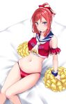  1girl absurdres blush cheerleader hair_ornament highres holding holding_pom_poms looking_at_viewer love_live! love_live!_school_idol_project navel nishikino_maki on_bed panties pom_poms ponytail purple_eyes red_hair red_panties sitting sitting_on_bed underwear yellow_pom_poms yopparai_oni 