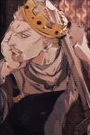  1boy askeladd beard blonde_hair crown eyebrows facial_hair holding holding_sword holding_weapon jonya looking_to_the_side male_focus short_hair solo_focus sword viking vinland_saga weapon 