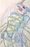 2018 anthro ballbusting bdsm blue_body blue_skin blush bodily_fluids bondage bound bulge claws cock_and_ball_torture digimon digimon_(species) dragon exveemon eyes_closed genital_torture hi_res horn male markings membrane_(anatomy) membranous_wings muscular muscular_anthro muscular_male nude open_mouth pecs scalie solo sweat teeth tongue traditional_media_(artwork) vines wings zazpihuts 