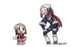  2girls :d artist_name bag beanie black_hair boots chibi commentary dawn_(pokemon) female_protagonist_(pokemon_legends:_arceus) grey_eyes hair_ornament hands_on_own_knees hat head_scarf height_difference how_to_talk_to_short_people long_hair meme multiple_girls open_mouth pokemon pokemon_(game) pokemon_bdsp pokemon_legends:_arceus ponytail red_scarf rob_ishi scarf smile white_background 